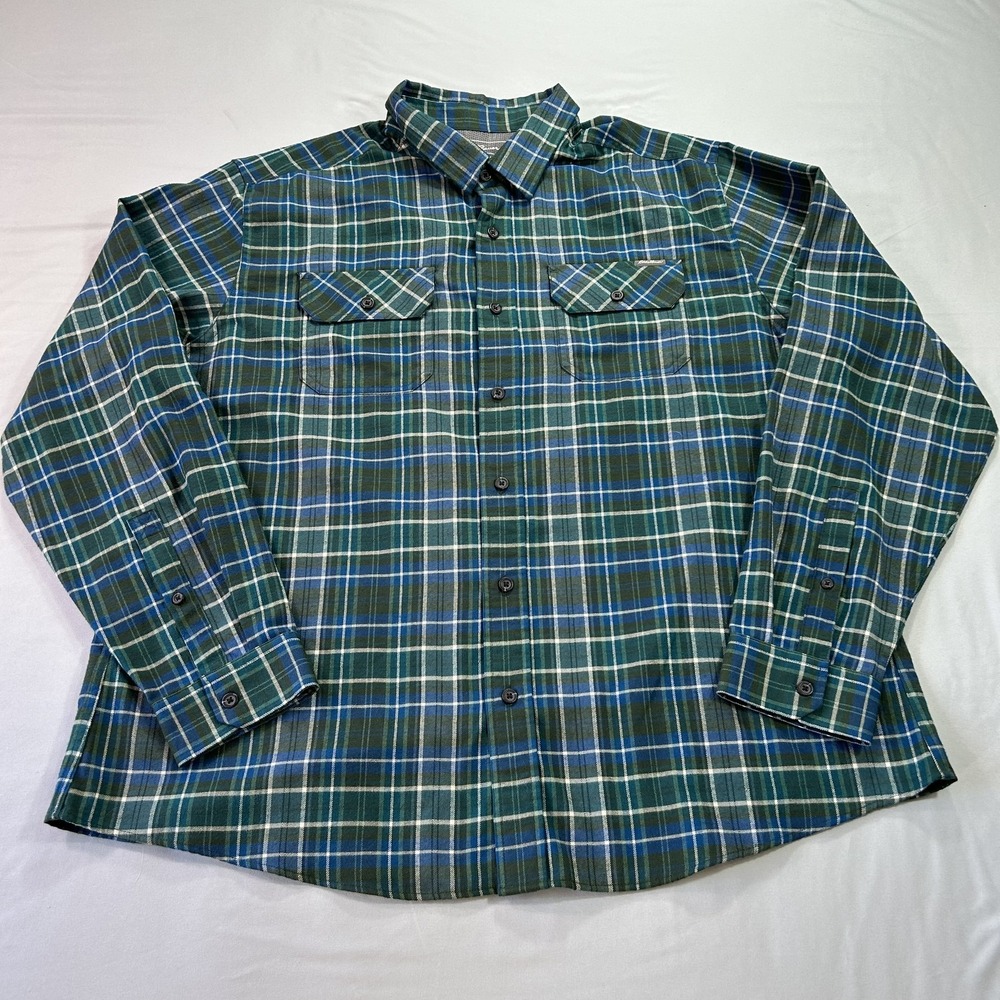 Eddie Bauer Shirt‎ Mens 2XL Green Blue Plaid Button Down Outdoors Flannel Look